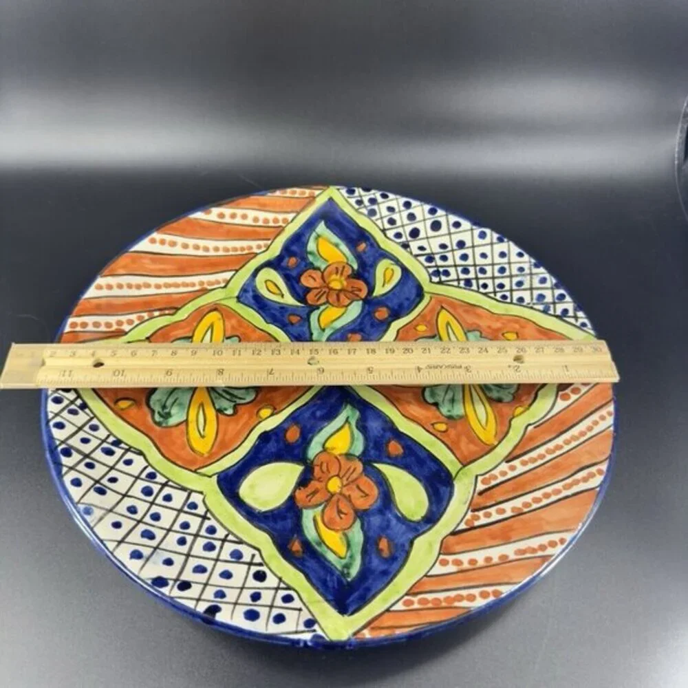 Mexico Pottery Talavera Round Dish Plate‎ Artist Signed Mora Hand Painted Tonala